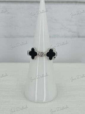 Silver Tone Black Clover Cluster Accent Ring RG037